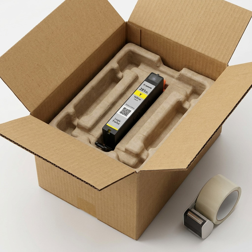 A macro photo shows a single Canon CLI-281XL Yellow ink cartridge, still in its sealed foil wrapper, protected within a heavy-duty air-cushioned mailer, emphasizing secure shipping.