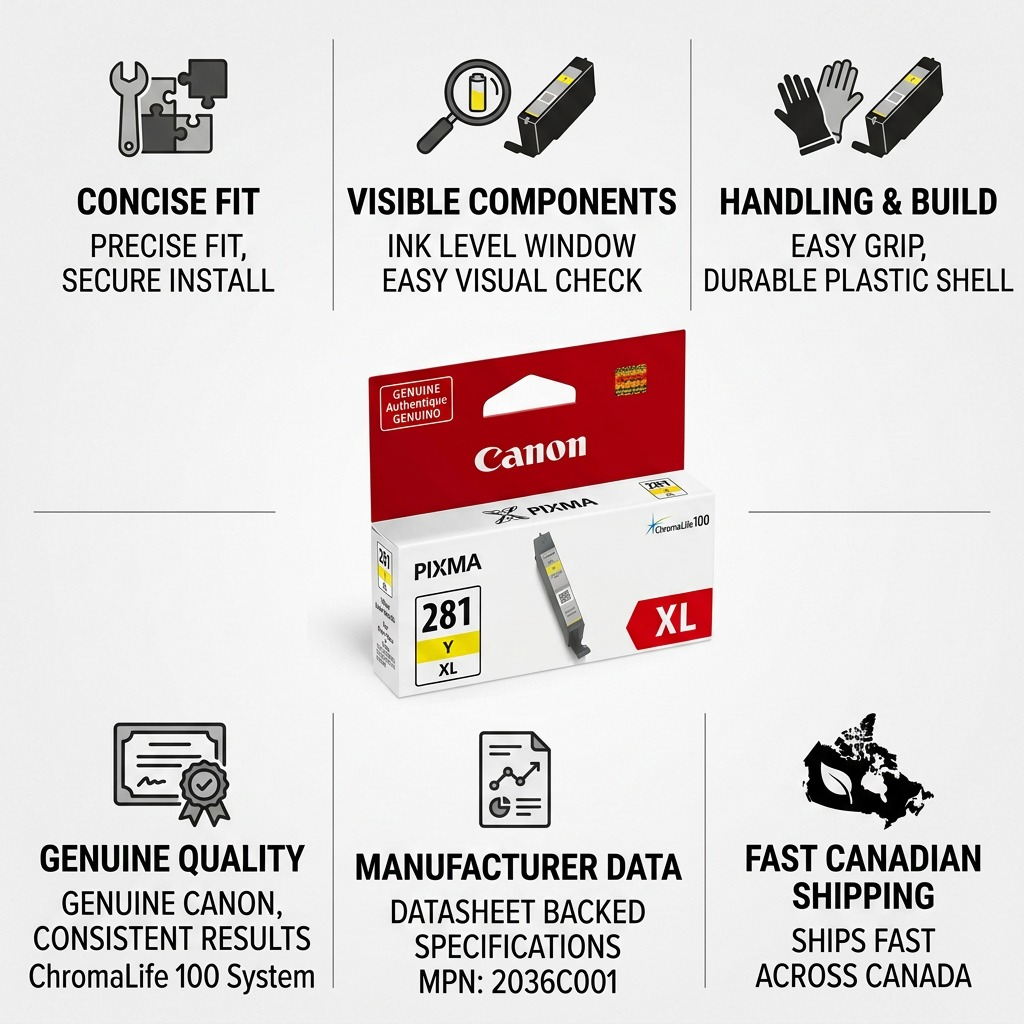 A trust infographic featuring the Canon CLI-281XL Yellow ink box with six product cues.
