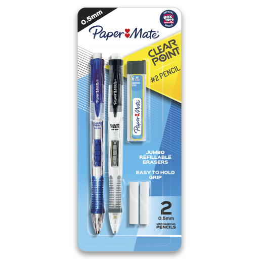 Paper Mate Clearpoint Mechanical Pencils, HB #2 Lead (0.5 mm), Assorted Barrel Colours, 2 Pencils, 1 Lead Refill Set, 2 Erasers