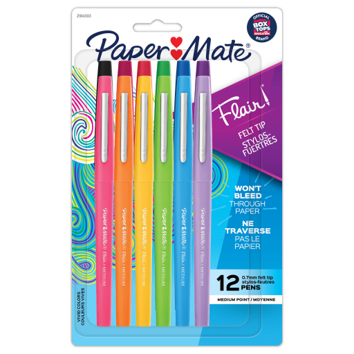 Paper Mate Flair Felt Tip Pens, Medium Point (0.7mm), Assorted Colours, 12 Count