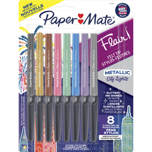 Paper Mate Flair Pens, Metallic Felt Tip Pens, City Lights, Glittery Ink Shines on White Paper, Assorted Colours, 8 Count