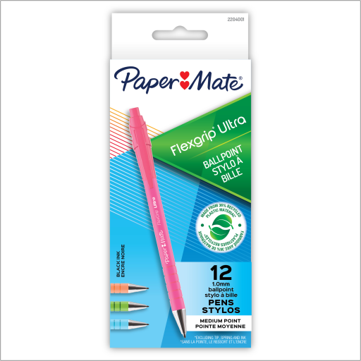 Paper Mate FlexGrip Ultra Ballpoint Pens, Made from Recycled Plastic Materials, Assorted Barrel Colours, Medium Point (1.0mm), Black, 1 Unit