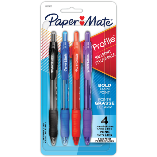Paper Mate Profile Retractable Ballpoint Pens, Bold Point (1.4mm), Assorted Colours, 4 Count
