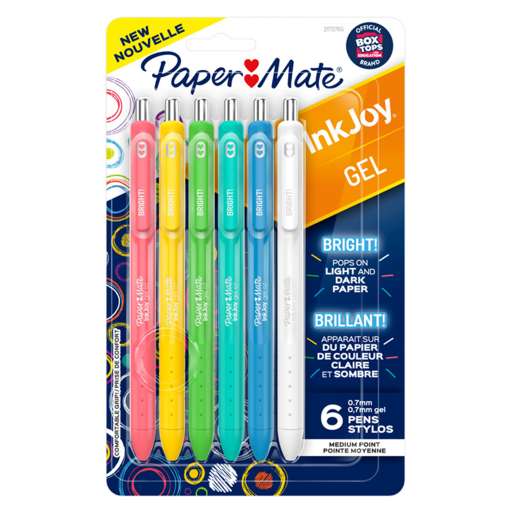 Paper Mate InkJoy Bright Pens, Gel Pens, Medium Point (0.7 mm), Retractable, Assorted Brighter Colours, 6 Count