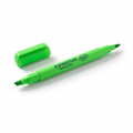 A high-resolution, centered photograph of the two-ended STAEDTLER Textsurfer green highlighter on a pure white background. The front chisel tip is uncapped, and the cap for it sits beside the marker's rear point tip. Both tips are visible, along with the text 'STAEDTLER Textsurfer' and 'Inkjet SAFE' on the barrel. The image is a premium ecommerce shot with a clean shadow.