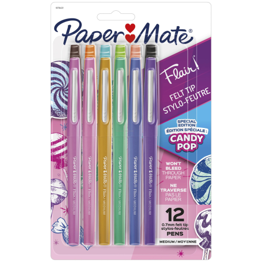 Paper Mate Flair Felt Tip Pens, Medium Point (0.7 mm), Special Edition Candy Pop Pack, Assorted Colours, 12 Count