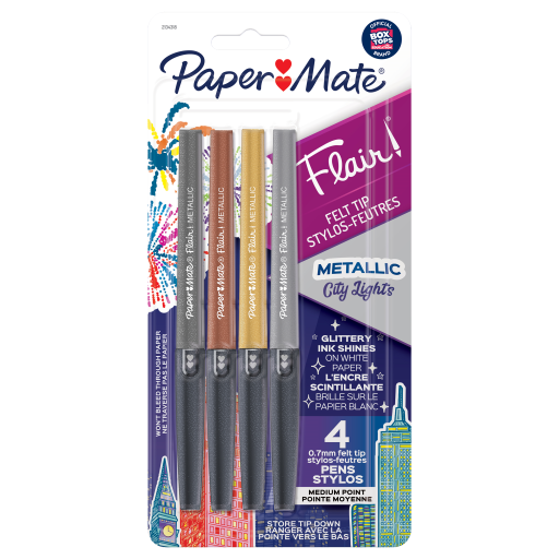 Paper Mate Flair Pens, Metallic Felt Tip Pens, City Lights, Glittery Ink Shines on White Paper, Assorted Colours, 4 Count