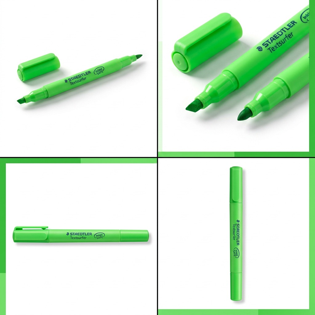 An ecommerce grid showing the STAEDTLER double-ended green highlight from four angles, including capped and uncapped views.