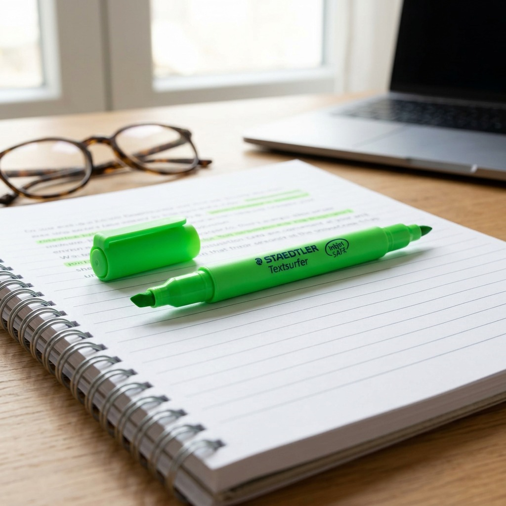 A lifestyle image features the STAEDTLER Double-Ended Highlighter with its cap off, used to mark a spiral-bound notebook.