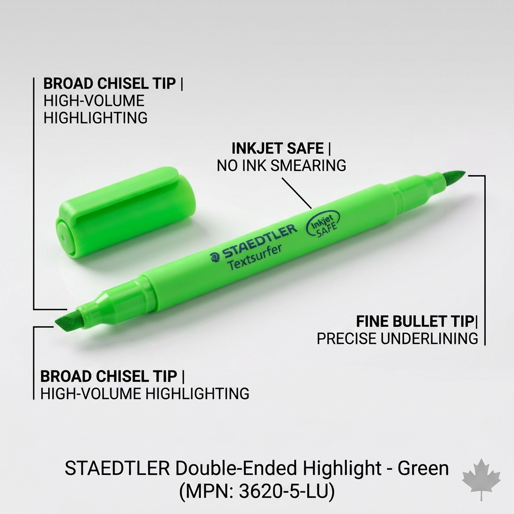 STAEDTLER double-ended highlighter graphic with callouts for fine tip, chisel tip, and Inkjet Safe ink.