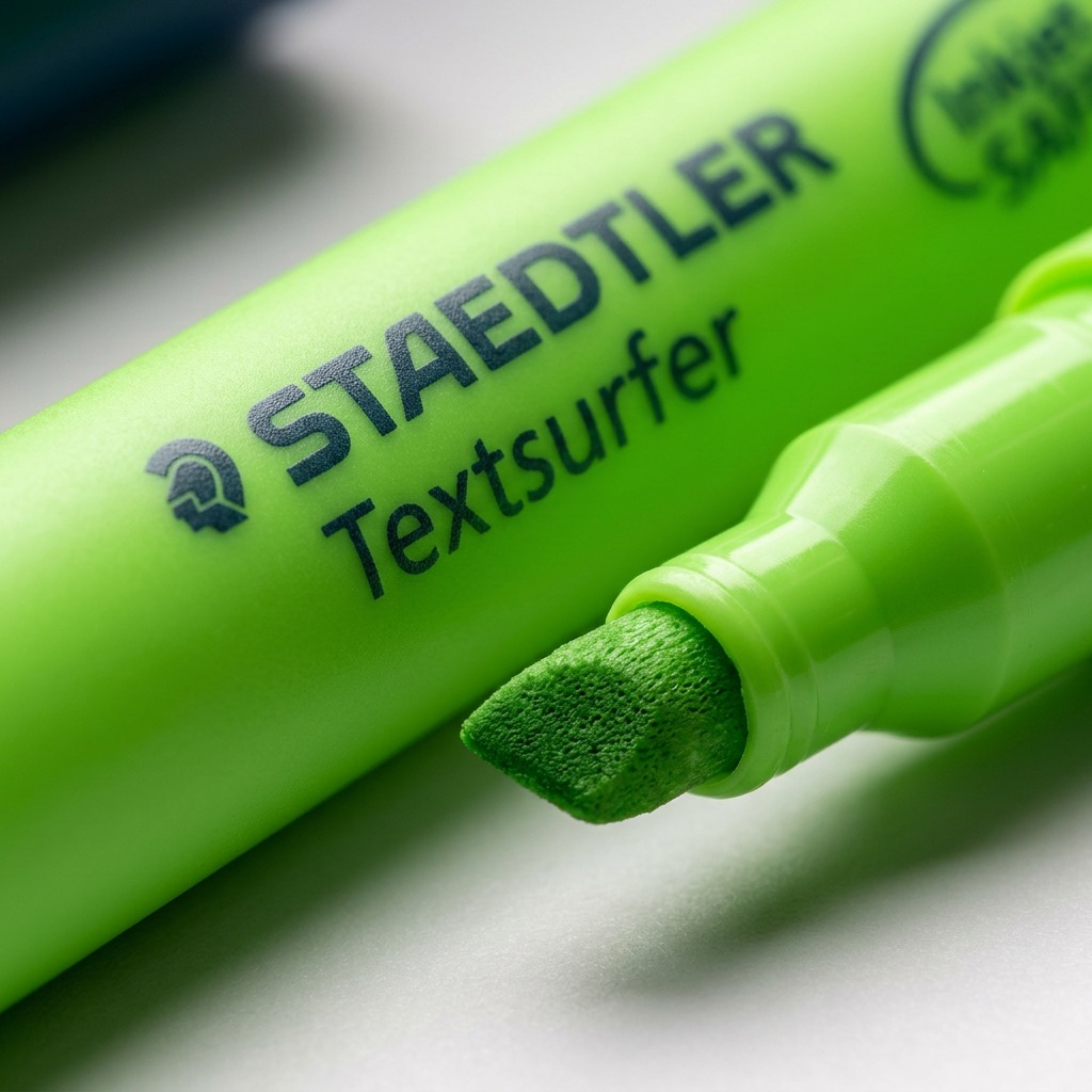 Macro photograph focusing sharply on the precise text 'STAEDTLER Textsurfer' printed on the lime green barrel and adjacent chisel felt tip.