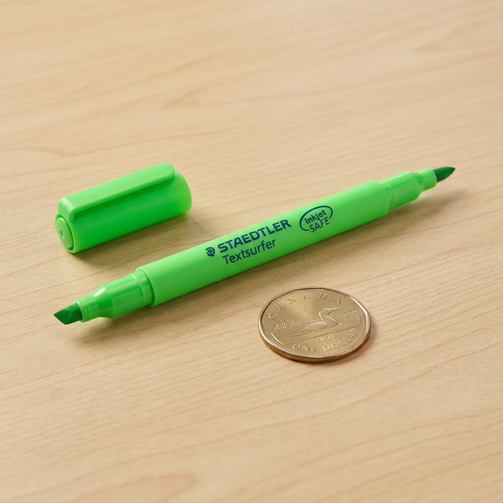 Alt text: A STAEDTLER Double-Ended Highlighter, Green, laid flat, with its cap next to a Canadian Loonie coin on a wooden desk.