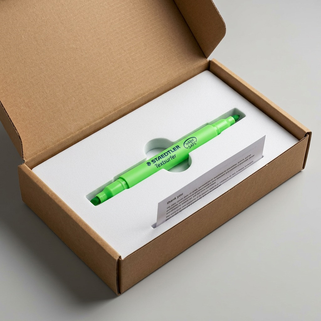 A premium unboxing view: a green double-ended highlighter arrives securely nestled in a custom foam insert within an open shipping carton.