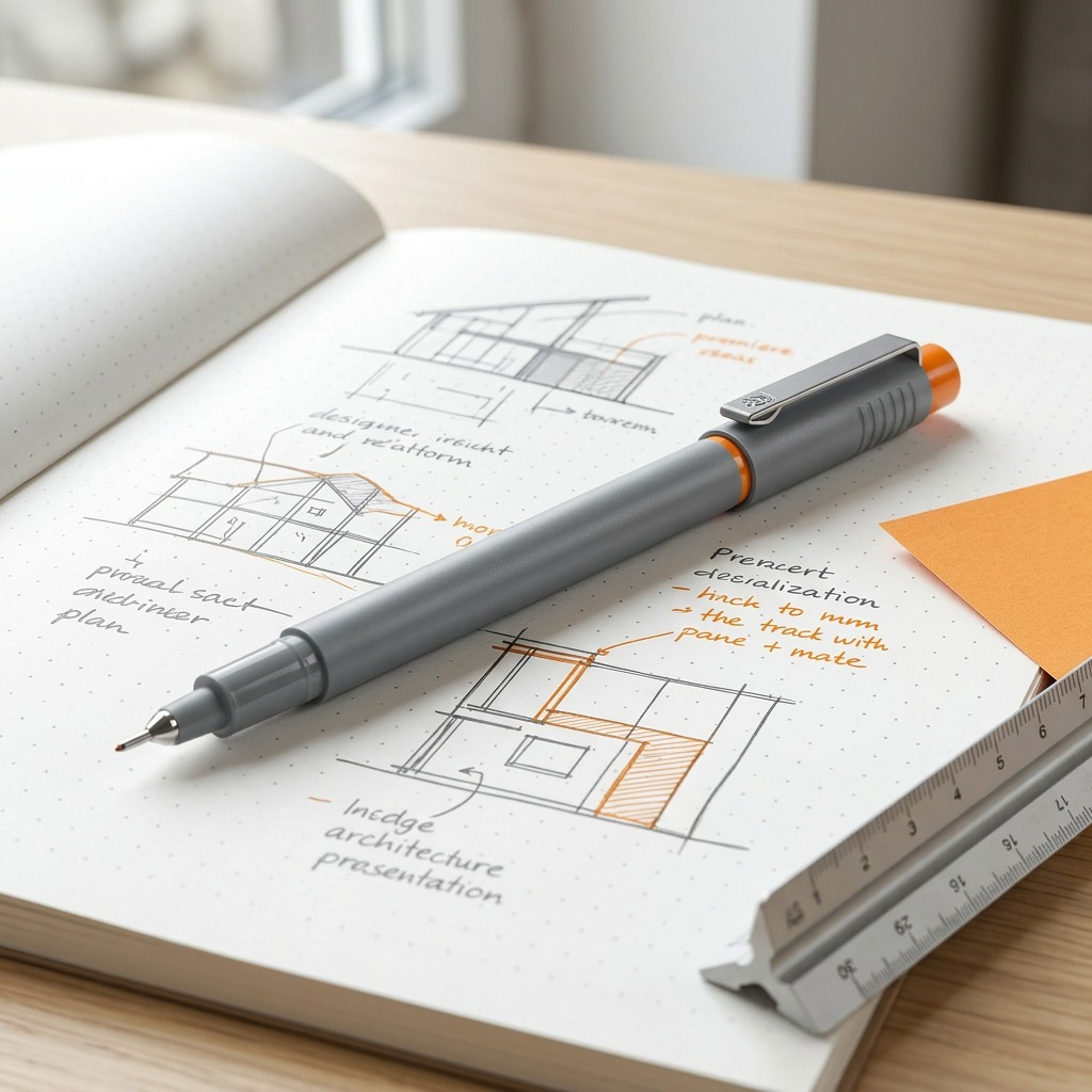 A 308-05-4-35 orange fineliner resting on a focused notebook page, next to handwritten notes.