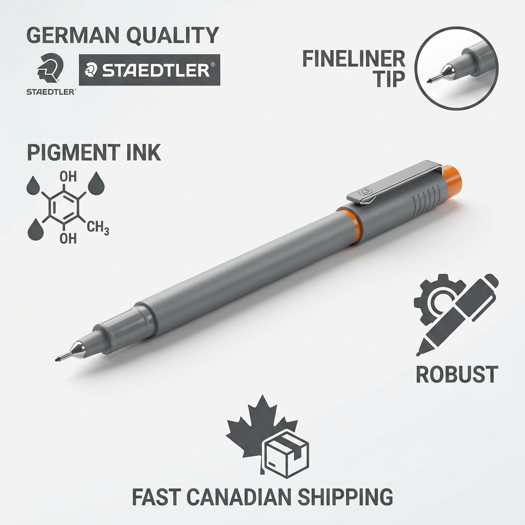 Confidence graphic for STAEDTLER Pigment Liner 308, showing features like German Quality, Fast Canadian Shipping.