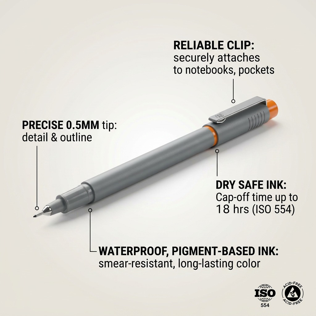 A clean infographic visual highlighting operational features for the STAEDTLER Pigment Liner 0.5Mm Orange. Arrows point to the fine metal tip and clip for detail work and convenient storage. The technical diagram emphasizes features like waterproof, fast-drying, and lightfast ink. Minimal text ensures concise communication of key benefits.