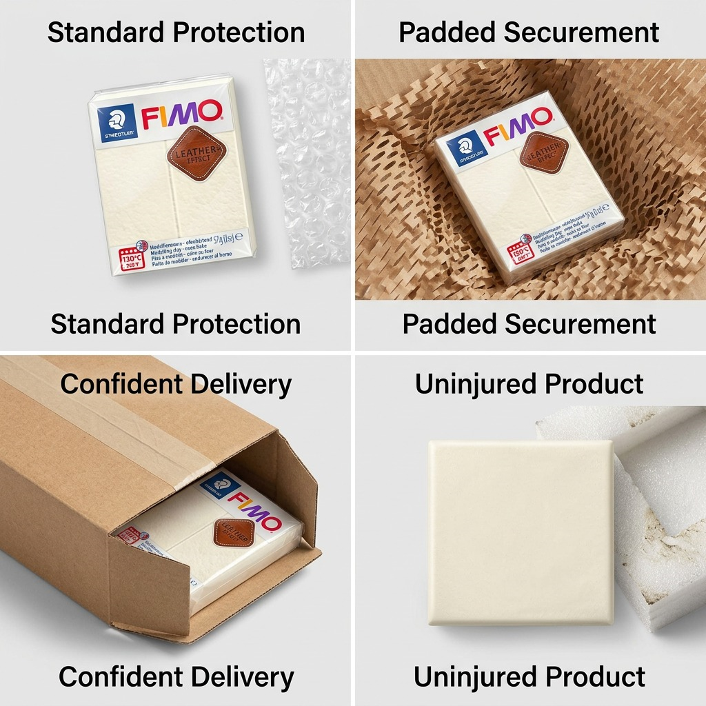 A four-panel premium ecommerce matrix illustrating secure shipping stages for STAEDTLER Fimo Leather Effect clay.