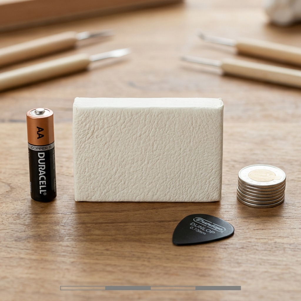 A 57g block of STAEDTLER FIMO Leather-Effect Ivory clay is shown next to an AA battery and a guitar pick for scale.