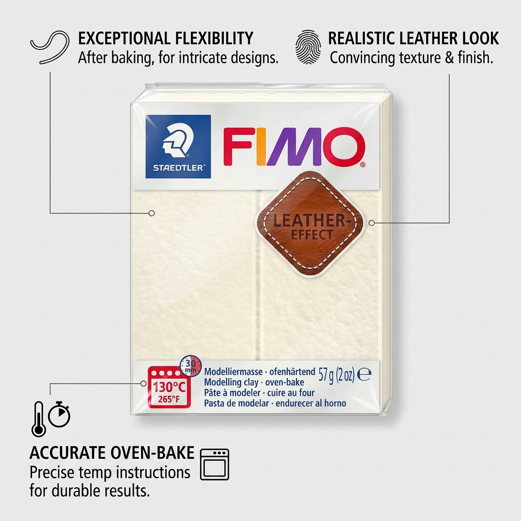 A functional product feature illustration for Fimo Leather Effect clay, highlighting key creative steps.