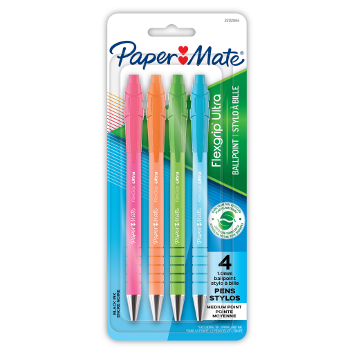 Paper Mate FlexGrip Ultra Ballpoint Pens, Made from Recycled Plastic Materials, Assorted Barrel Colours, Medium Point (1.0mm), Black, 4 Count