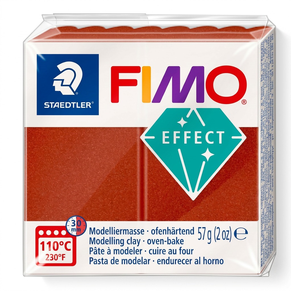 A pure, high-resolution hero image of a block of STAEDTLER Fimo Effect Copper Metallic modeling clay (8010-27) in its transparent packaging, centered against a seamless white background. All brand markings, including FIMO, STAEDTLER, EFFECT with the diamond logo, and weight are clearly visible. A soft, clean shadow is cast directly beneath the product.