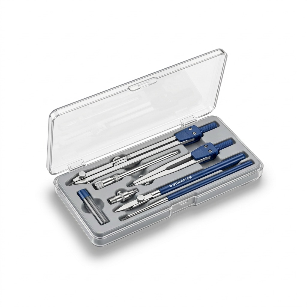 ~ STAEDTLER (559 09-A-NA) 7pc Mars Basic drawing set, hero shot in open clear case on white background.