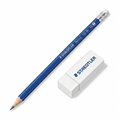 Close-up product shot of a STAEDTLER blue wooden #2 pencil and white block eraser on a white background.