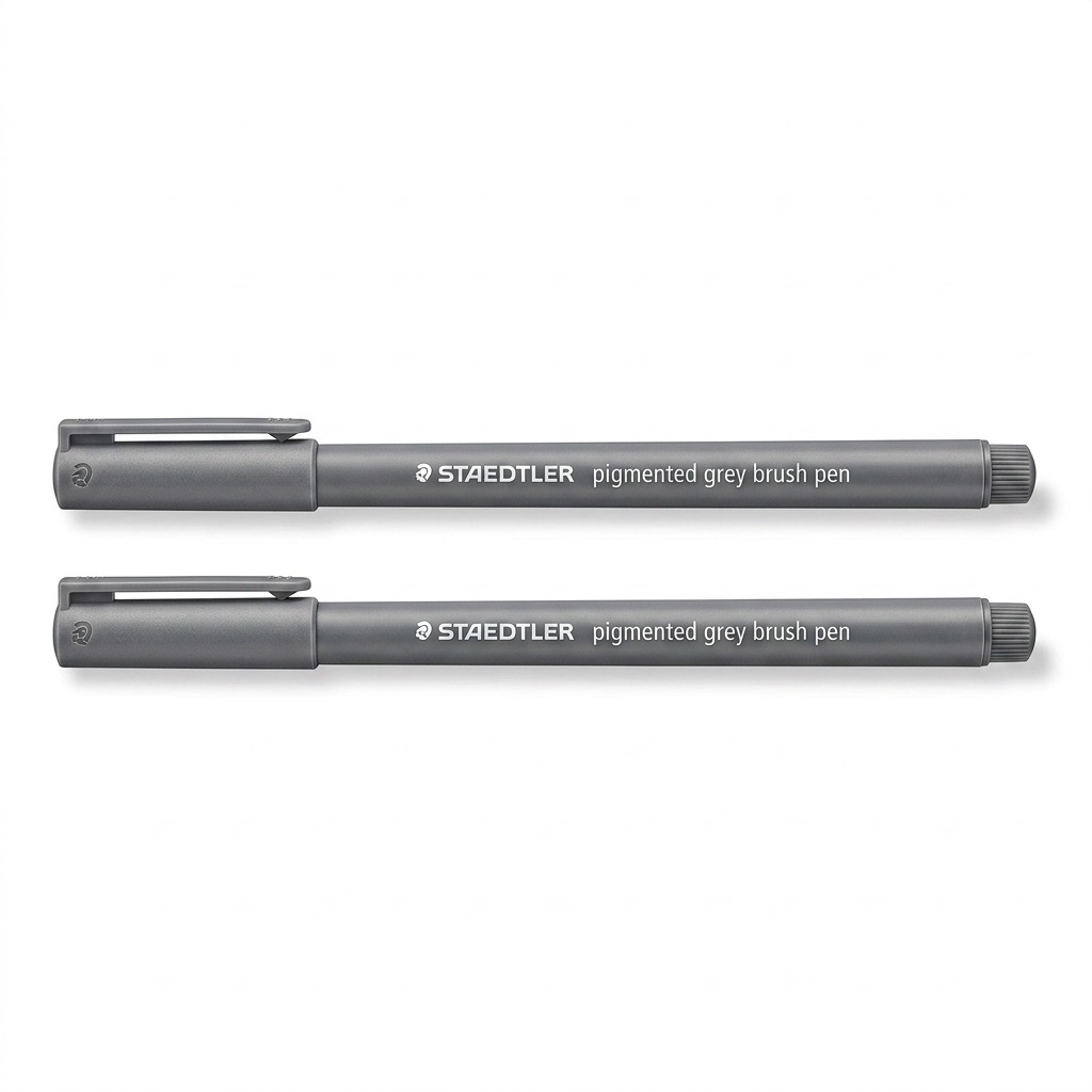 Two STAEDTLER pigmented grey brush pens with grey caps and barrels, on a clean white background.