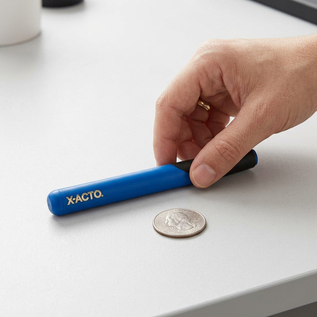 A hand holds a blue X-ACTO Retract-A-Blade knife on a white desk next to a quarter.