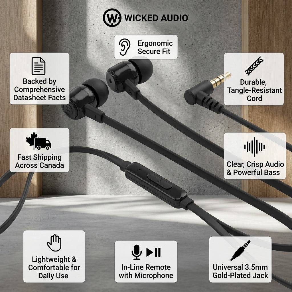 An ecommerce product trust infographic from Wicked Audio detailing the specifications and features of the Hiro wired headphones.