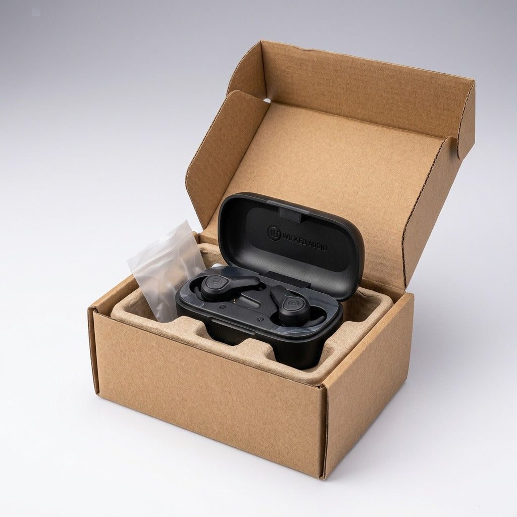 Wicked Audio Axoma Black earbuds and case securely packaged in a protective cardboard shipping box.