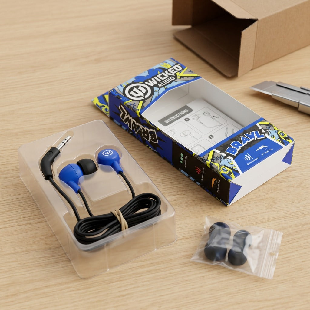 Unboxing confidence visual showing the Brawl earbuds securely protected within original packaging, reducing anxiety.