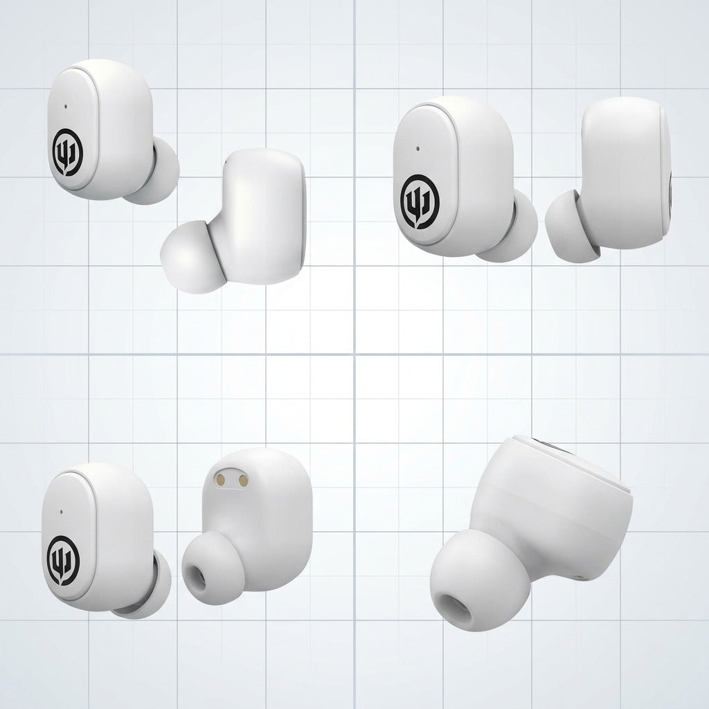 Matrix displaying Wicked Audio Embr TWS WHITE earbuds from four distinct angles on a neutral grid background.