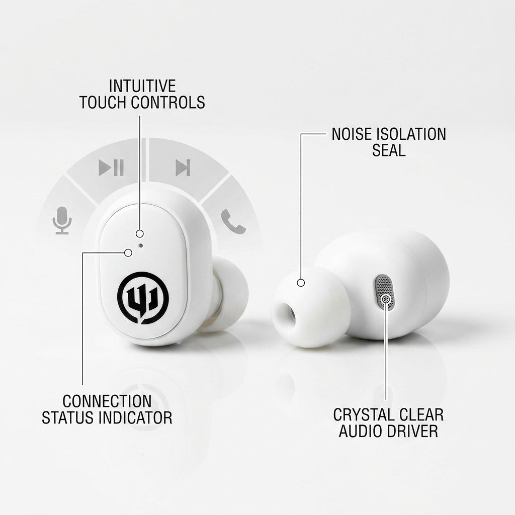 Wicked Audio Embr TWS White earbuds with callout lines highlighting touch controls, noise isolation, connection status, and audio drivers.