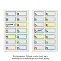 A high-resolution hero shot of two sheets of Avery No-Iron Fabric Labels with cute animal icons.