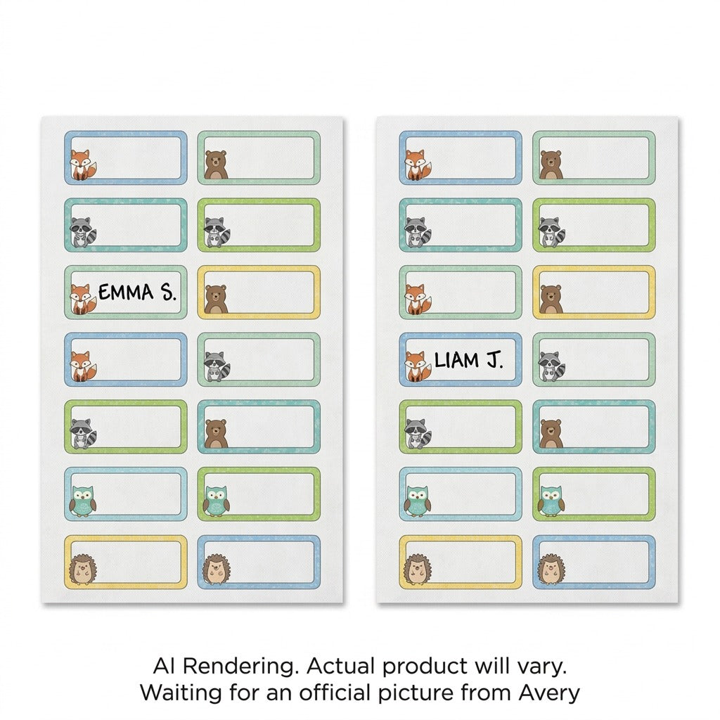 A high-resolution hero shot of two sheets of Avery No-Iron Fabric Labels with cute animal icons.