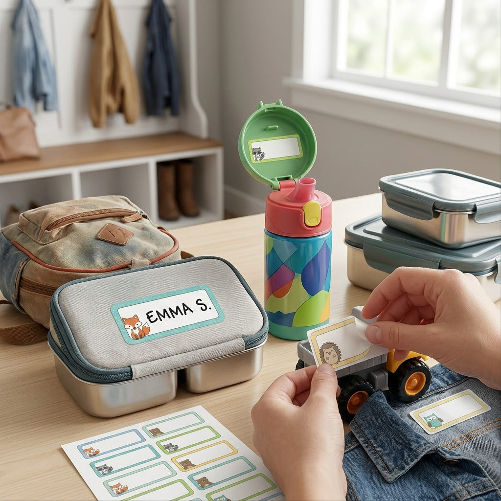 A lifestyle photo showing a person affixing a fox-themed Avery label onto a children's lunch bag.