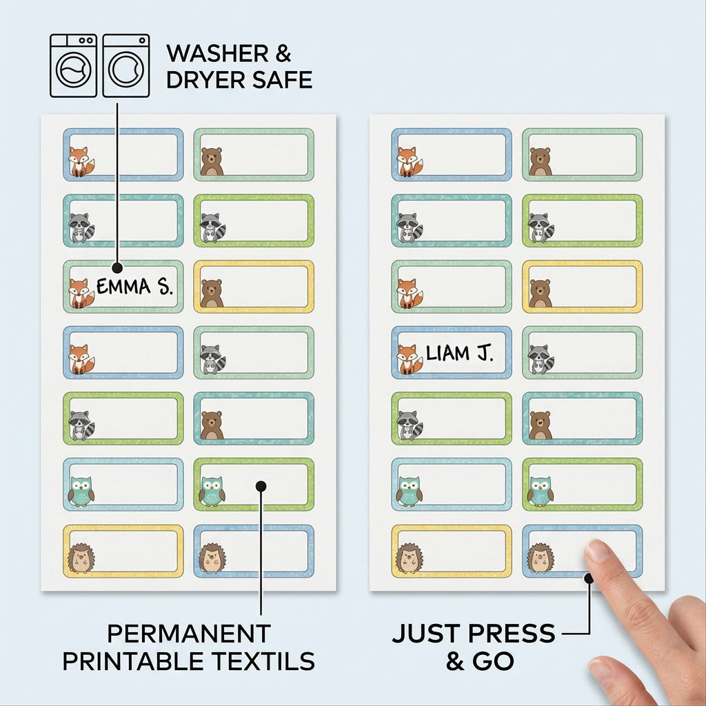 Avery No-Iron Fabric Labels: 2 sheets, permanent printable textiles, no-iron, press and go. Washer, dryer safe.