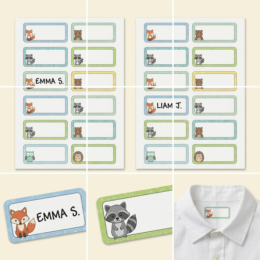 Two sheets of Avery Cute Animal Fabric Labels (Ref. 40770), plus two magnified close-ups.