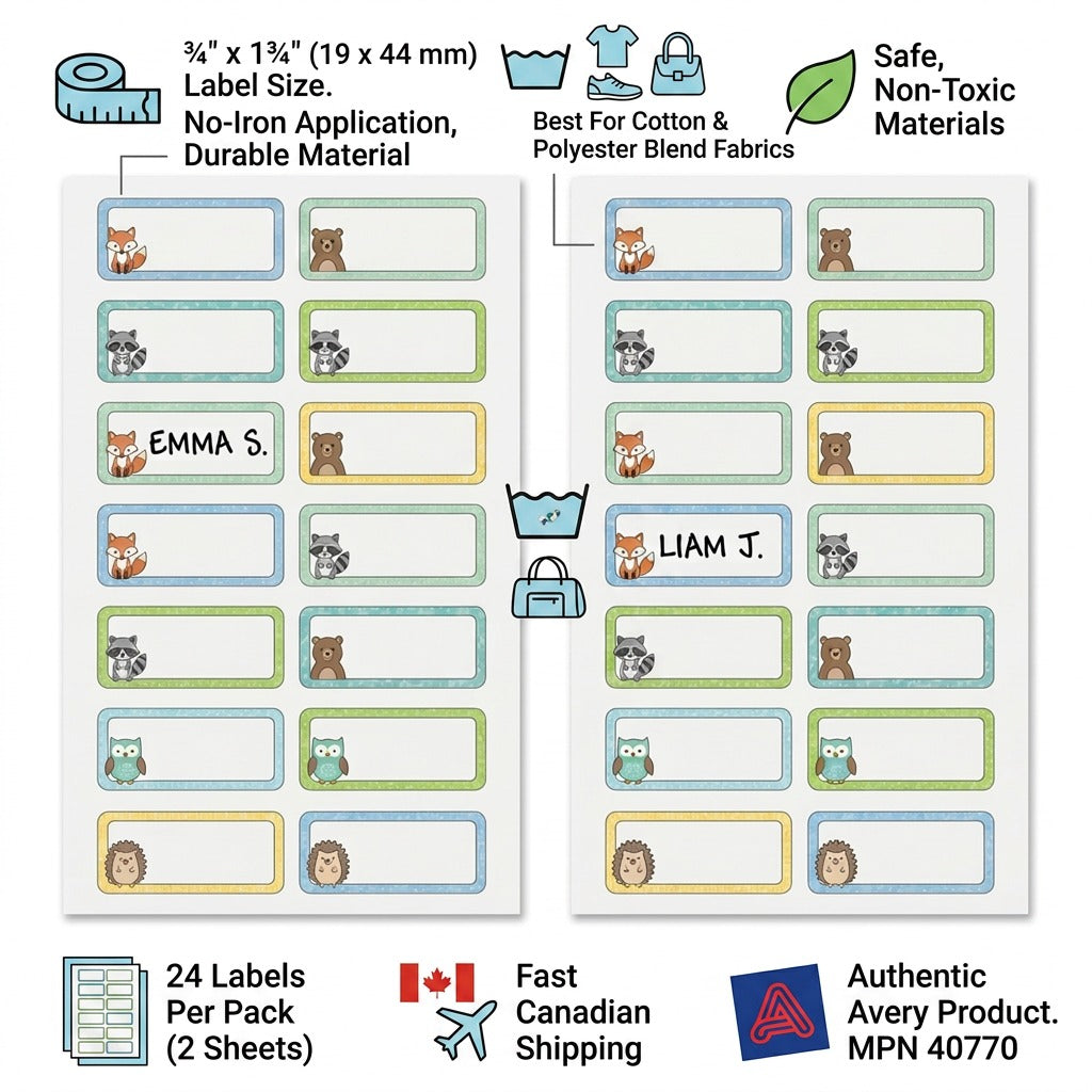 An image from Avery detailing No-Iron, washable/dryable fabric labels with icons and text: Safe, Non-Toxic, for Cotton/Polyester, sizes, and Canadian delivery confirmation.