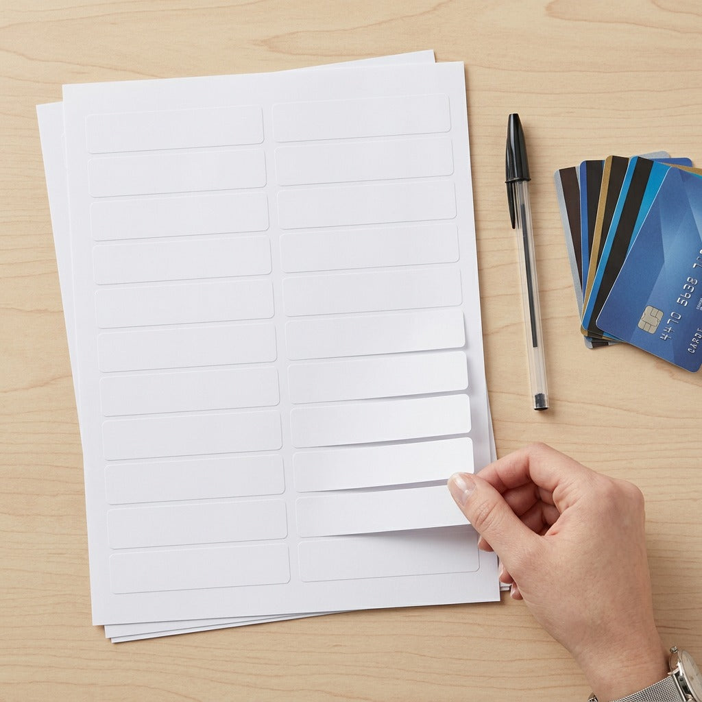 A full letter-size A4 sheet of Avery 5261 laser labels with 2 columns of 10 labels is shown. To the right of the label sheet, a standard ballpoint pen is place, showing the length of the pen. To the left is a standard business card. This provides a clear size reference for the product. The labels and background are neutral.