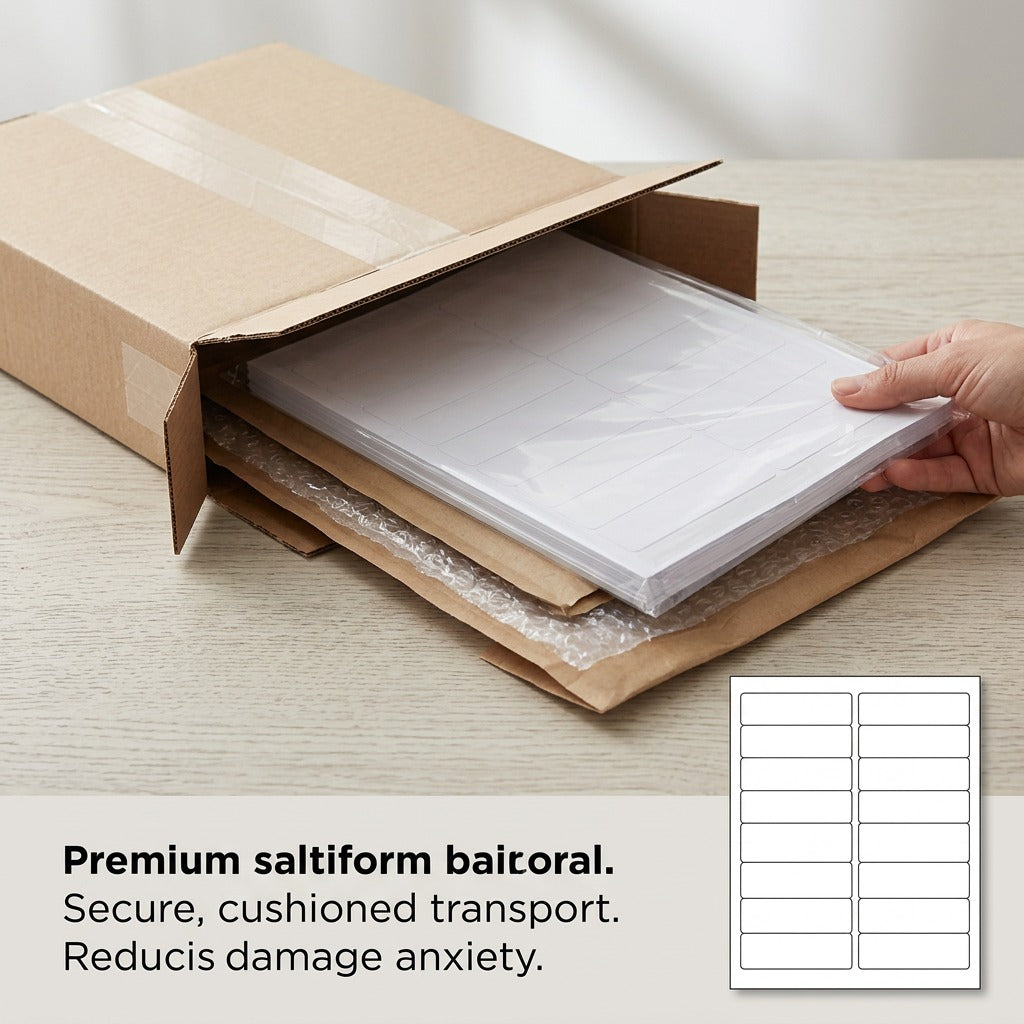 A dynamic close-up photograph showing a package of Avery matte white files folder labels being carefully slid out of a bubble wrap lined shipping envelope, with a pristine stack of the 4x1 label sheets visible inside a clear protective sleeve or poly bag. Soft, diffused lighting minimizes harsh reflections.