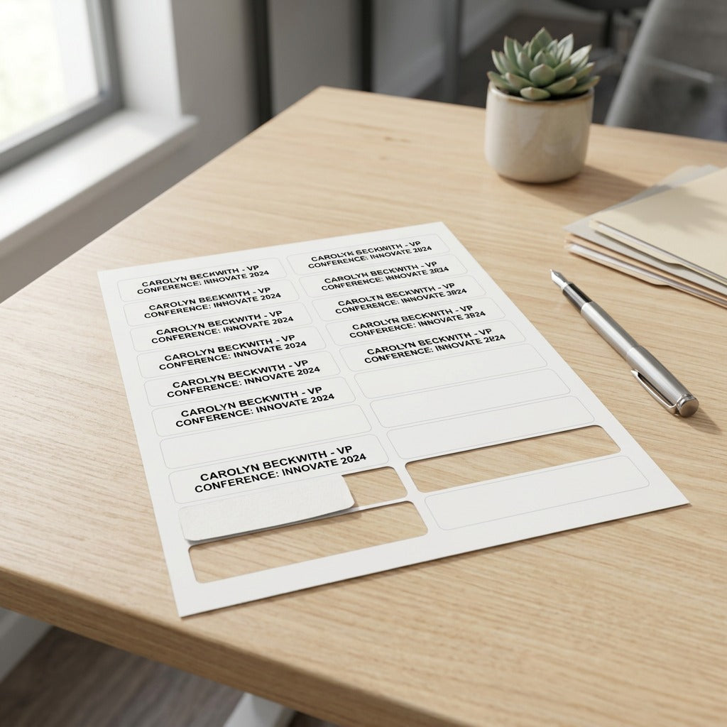 A realistic photo of Avery 5261 laser label sheets with printed names on an office wooden desk next to a pen.