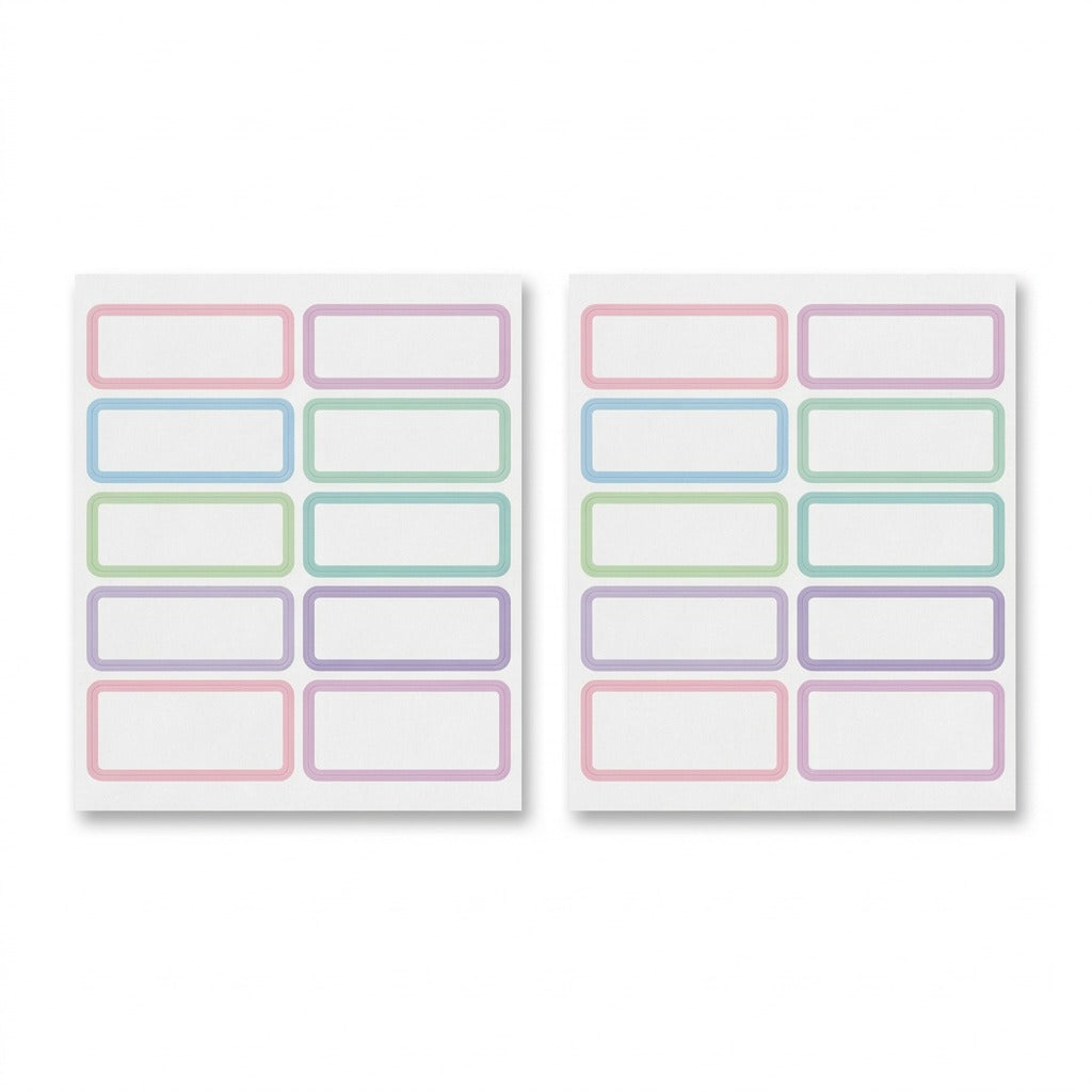 A high-resolution, centered image of two sheets of 24 Avery No-Iron Fabric Labels with soft pastel borders on a pure white background.