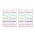 A high-resolution, centered image of two sheets of 24 Avery No-Iron Fabric Labels with soft pastel borders on a pure white background.