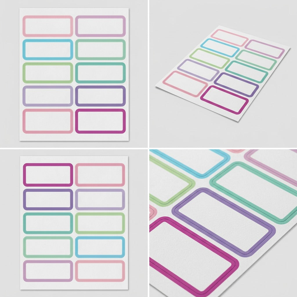 A visual matrix displaying four orientations of the white fabric labels with pastel borders.