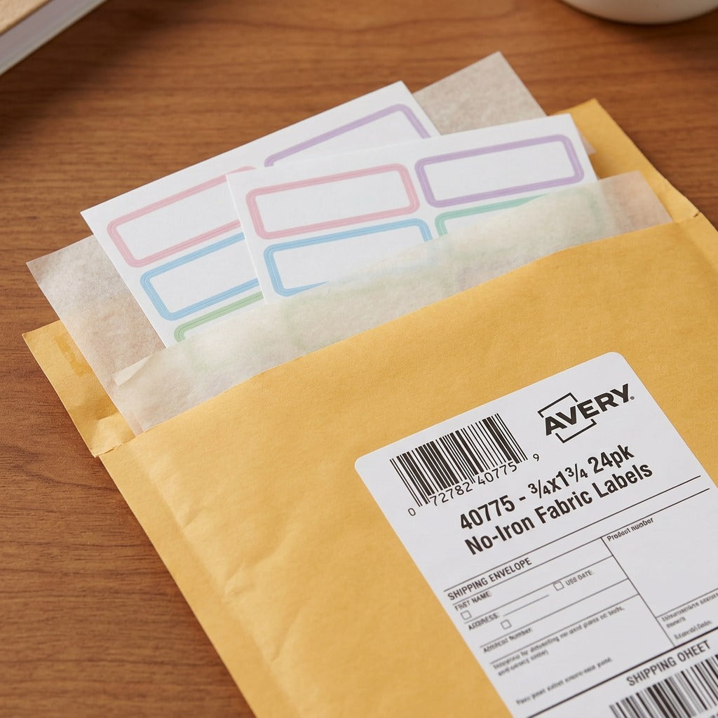 A close-up photograph of one label sheet from the canonical image inside a small, padded shipper envelope. The soft pastel-bordered labels are visible.