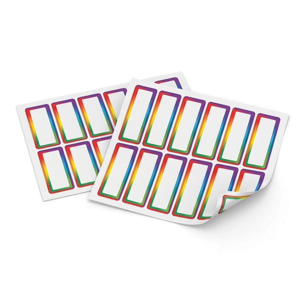 A clean, high-resolution hero shot of two sheets of Avery No-Iron Fabric Labels with rainbow borders.