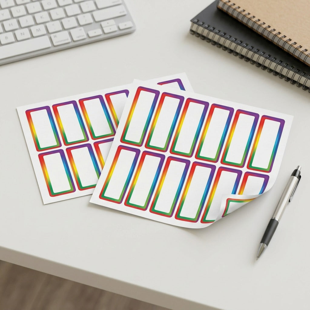 Avery No-Iron Fabric Labels (Rainbow Border) shown on a desk beside a pen for scale.