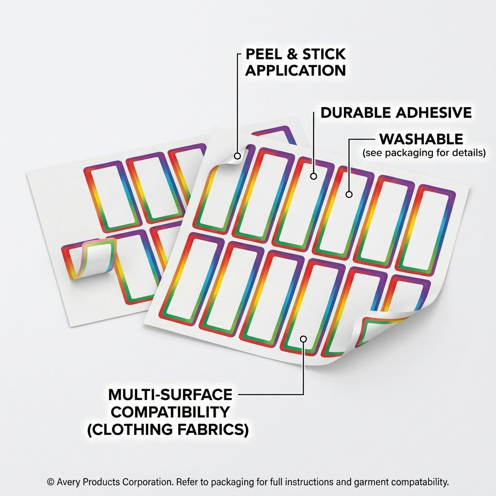 Matrix callout image for Avery no-iron labels showing easy peeling and durable washing benefits.